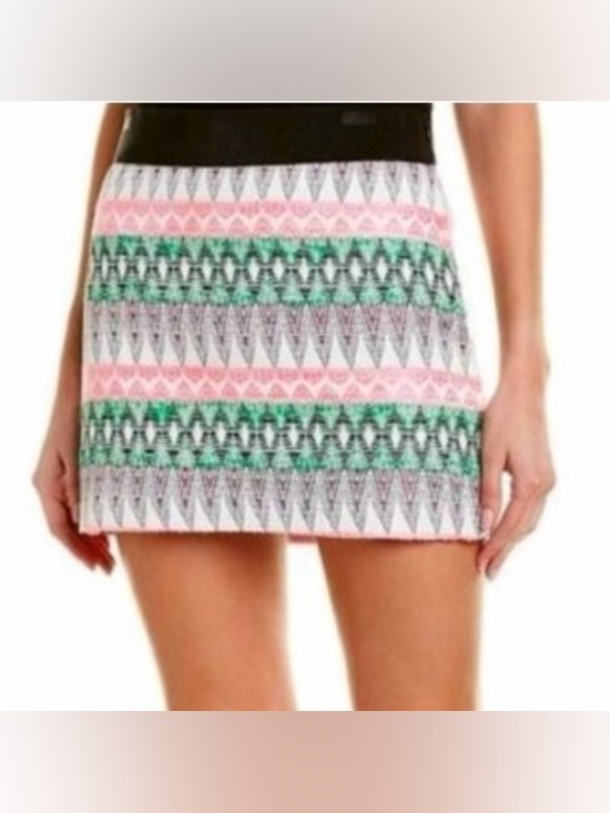 Milly Dresses & Skirts - Milly Multicolor Couture Tweed Geometric Printed Mini Skirt Frayed Fringe Hem